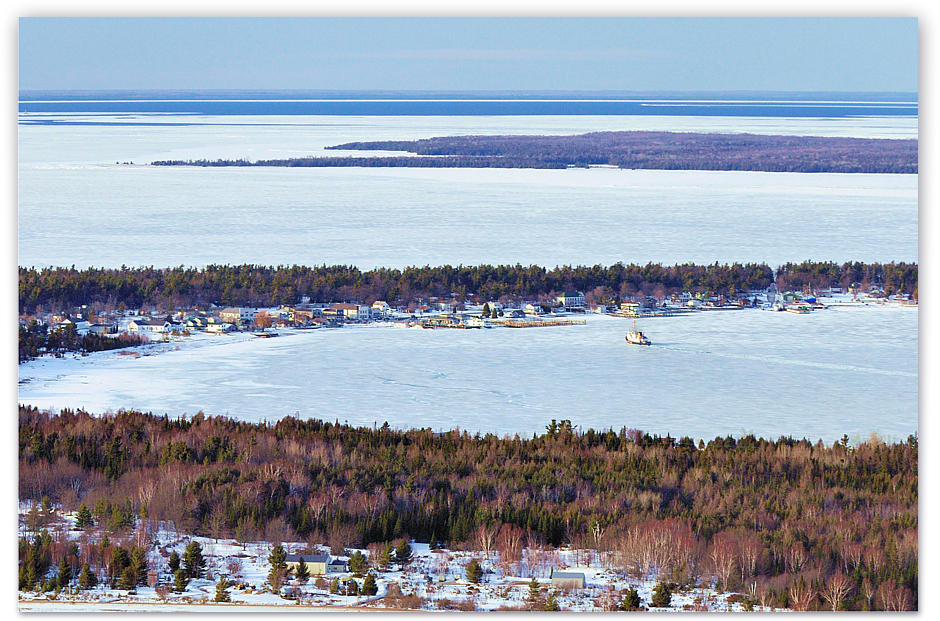 Aerial view of the Beaver Island Harbor in Winter