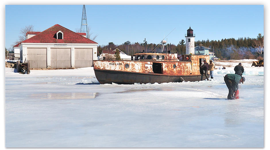 Chainsaws cut the ice where it is too thick to ram